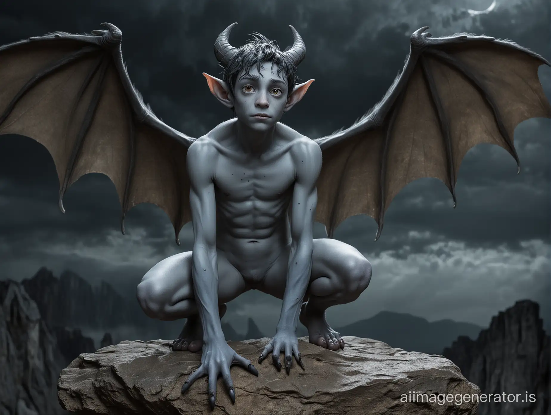 A nude teenage Boy with very smooth gray-blue skin and some freckles. He has bat-like wings and a Tail. He is skinny. He has pointet ears. He has dark hair. He has claws instead of fingers and toes. Two natural small horns without any structure growing from his forehead. He stands on a Rock in a dark cloudy Night like a Gargoyle. Show the entire boy in a long shot.