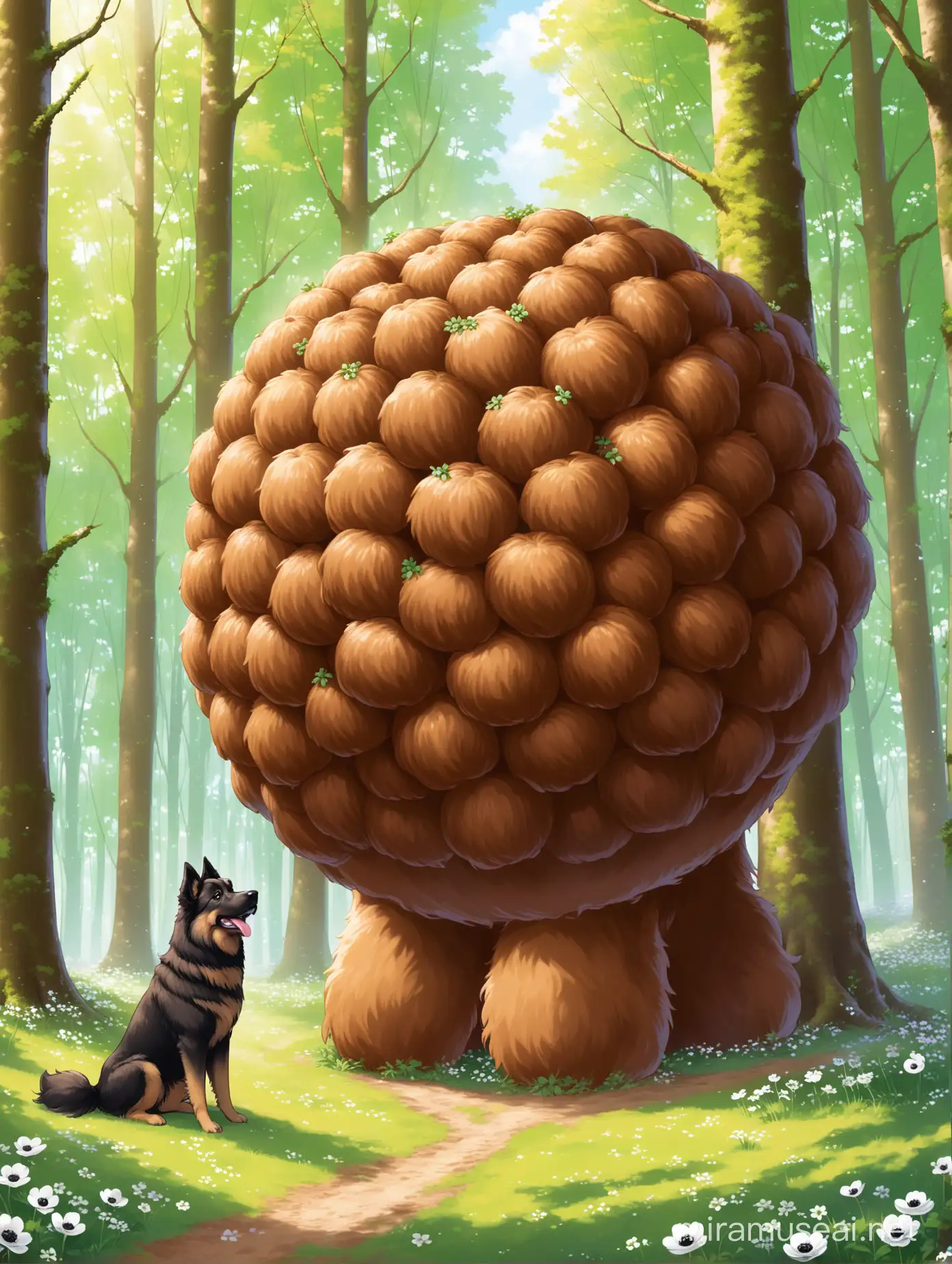 In a bright spring beech forest with white anemones on the ground, a very happy a Belgian Tervuren dog has found a gigant meatball as big as a tree. the Belgian Tervuren dog worships the big meatball
