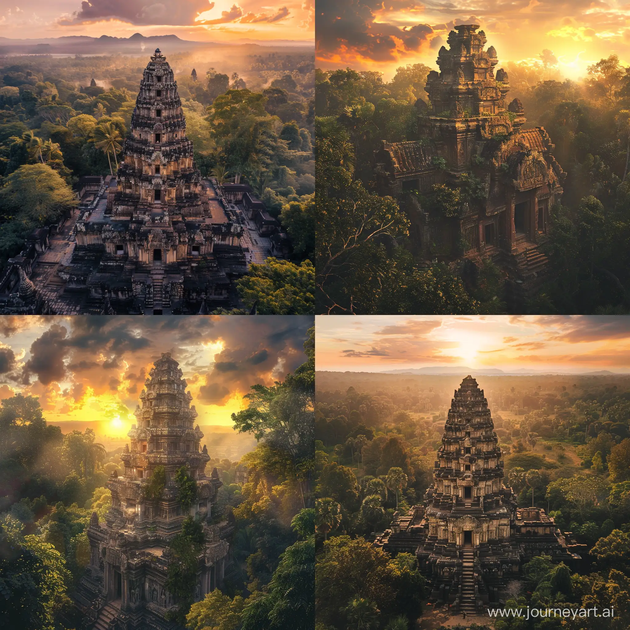 the temple in the middle of the jungle in sunset
