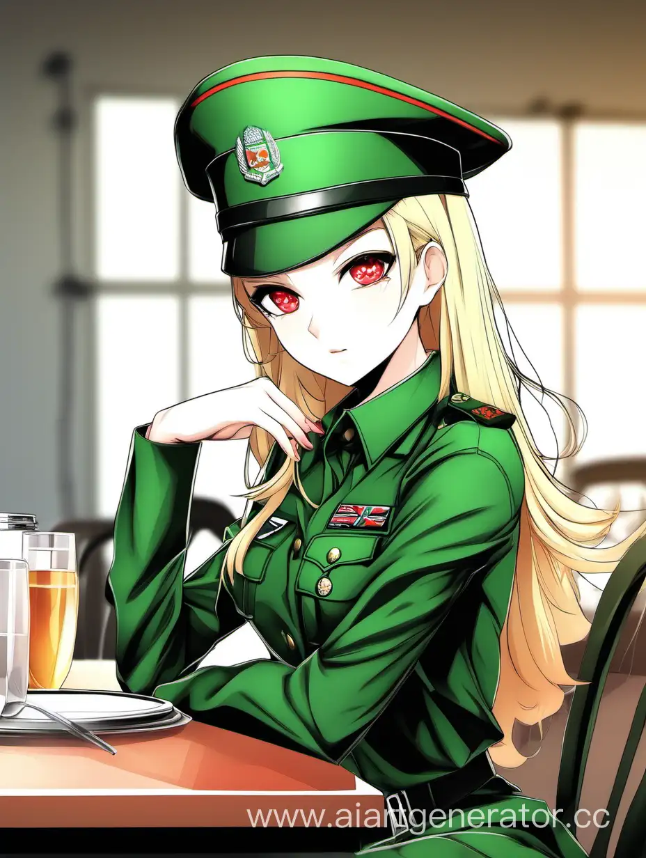 Young-Girl-in-Green-Uniform-and-Beret-Sitting-at-Table-with-Red-Eyes