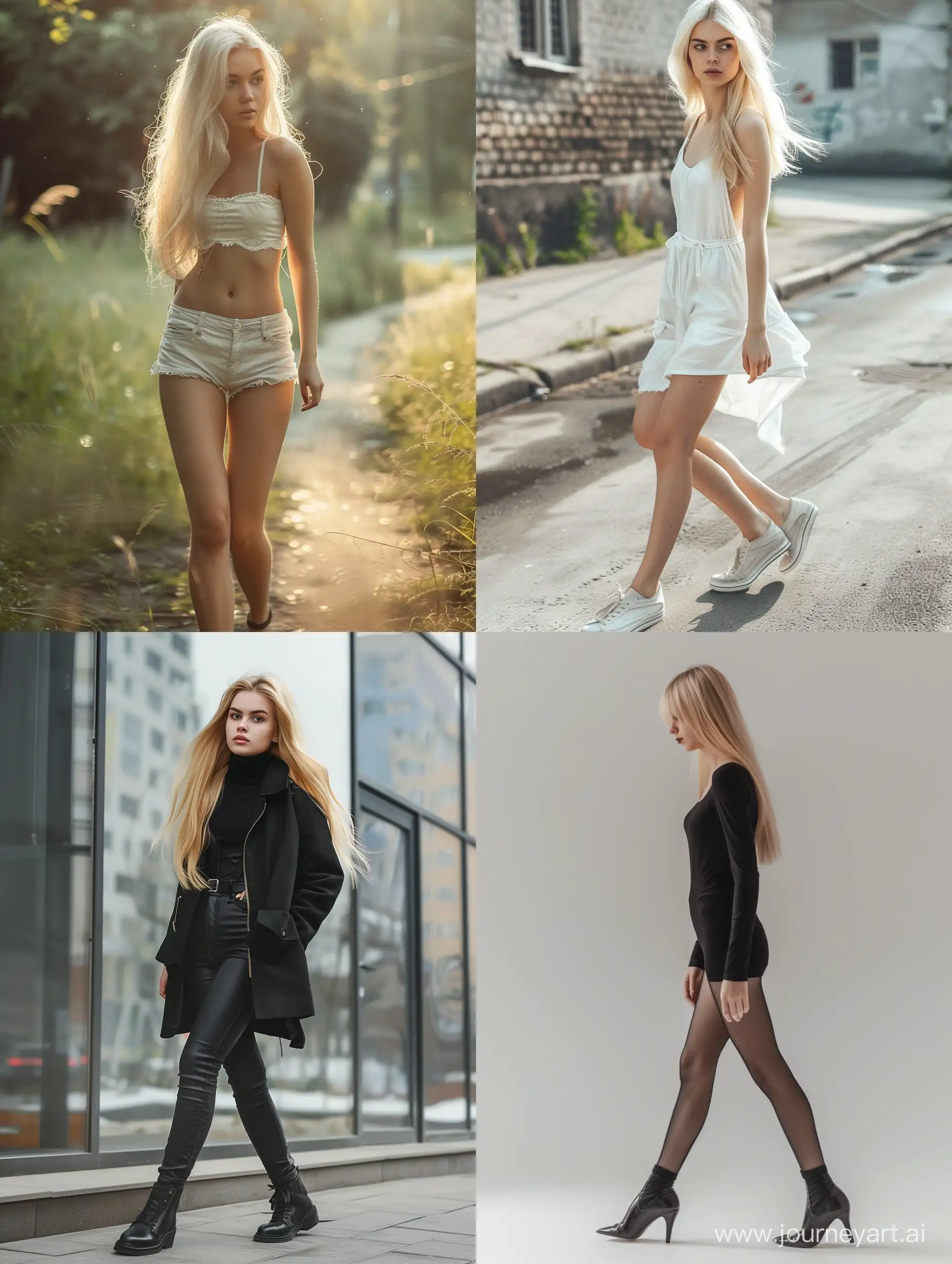 Skinny blonde girl, Slavic, walking, full body