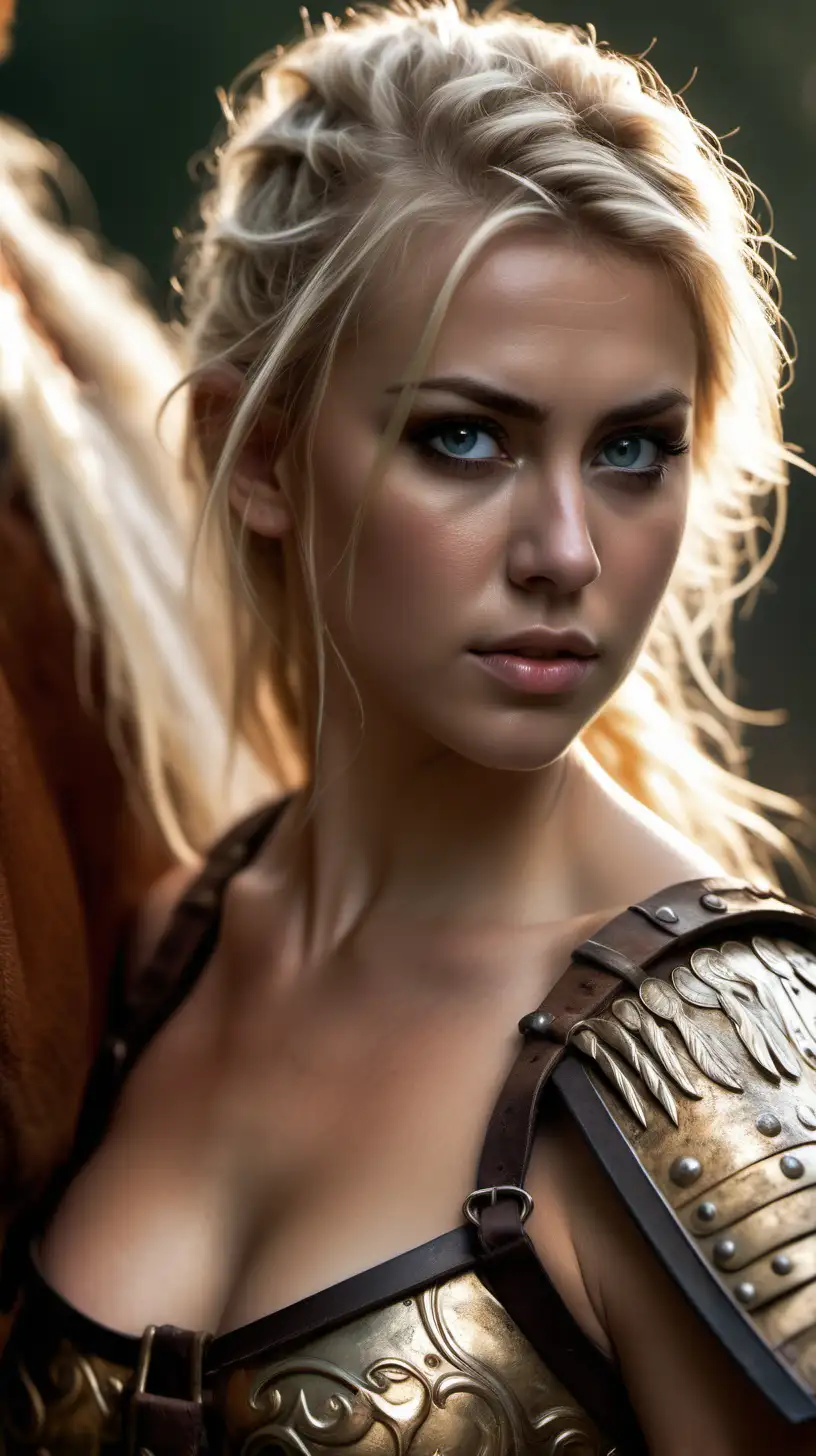 Beautiful Nordic woman, very attractive face, detailed eyes, big breasts, slim body, dark eye shadow, messy blonde hair, wearing an Amazonian warrior, close up, bokeh background, soft light on face, rim lighting, facing away from camera, looking back over her shoulder, standing in front of a beautiful horse, photorealistic, very high detail, extra wide photo, full body photo, aerial photo