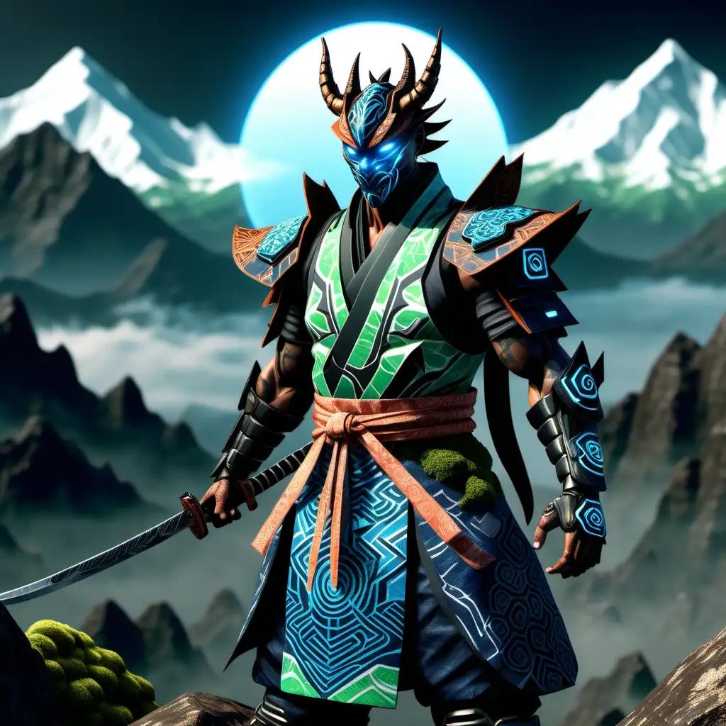high definition simulation of a video game world boss character creation screen with cyberpunk Samurai thin muscular ninja Dragon glowing earth/rock/moss/mountain fists wearing a beautiful earth inspired kimono with green blue black and jeanblue brown sacred geometry and armored shoulder guards


