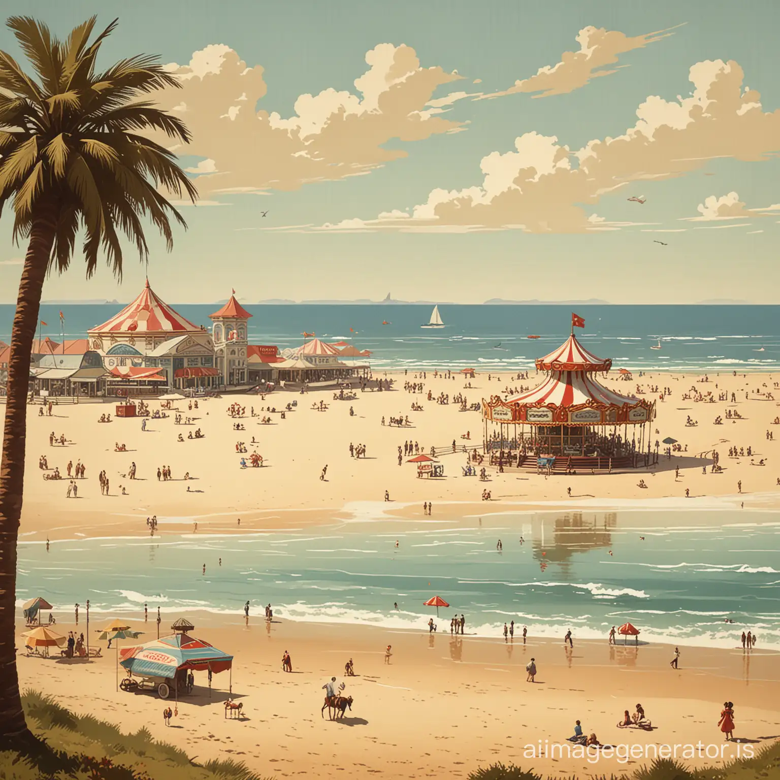 A 1920s beach, with a sea front to the right of the shot, a carousel is in the distance, in the style of a slightly illustrated vintage poster, in the style of a communist poster 