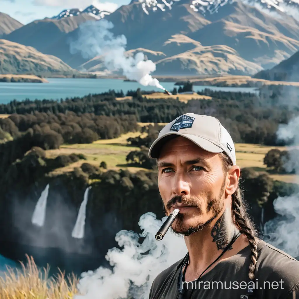 a finnish male doctor with a long mullet hairstyle, a leg tattoo, holding a rifle, smoking a vape, against the backdrop of epic new zealand scenery, including the whole body in the frame