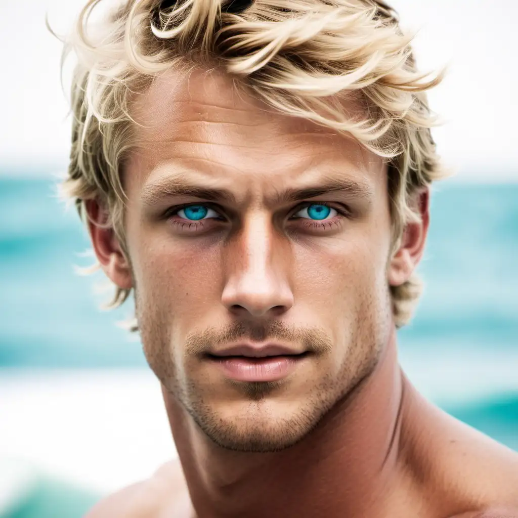 Male. Late 20's. Tall, muscular, blonde hair and aqua blue eyes. Very handsome. Surfer look. Strong jawline. Scruff on face.