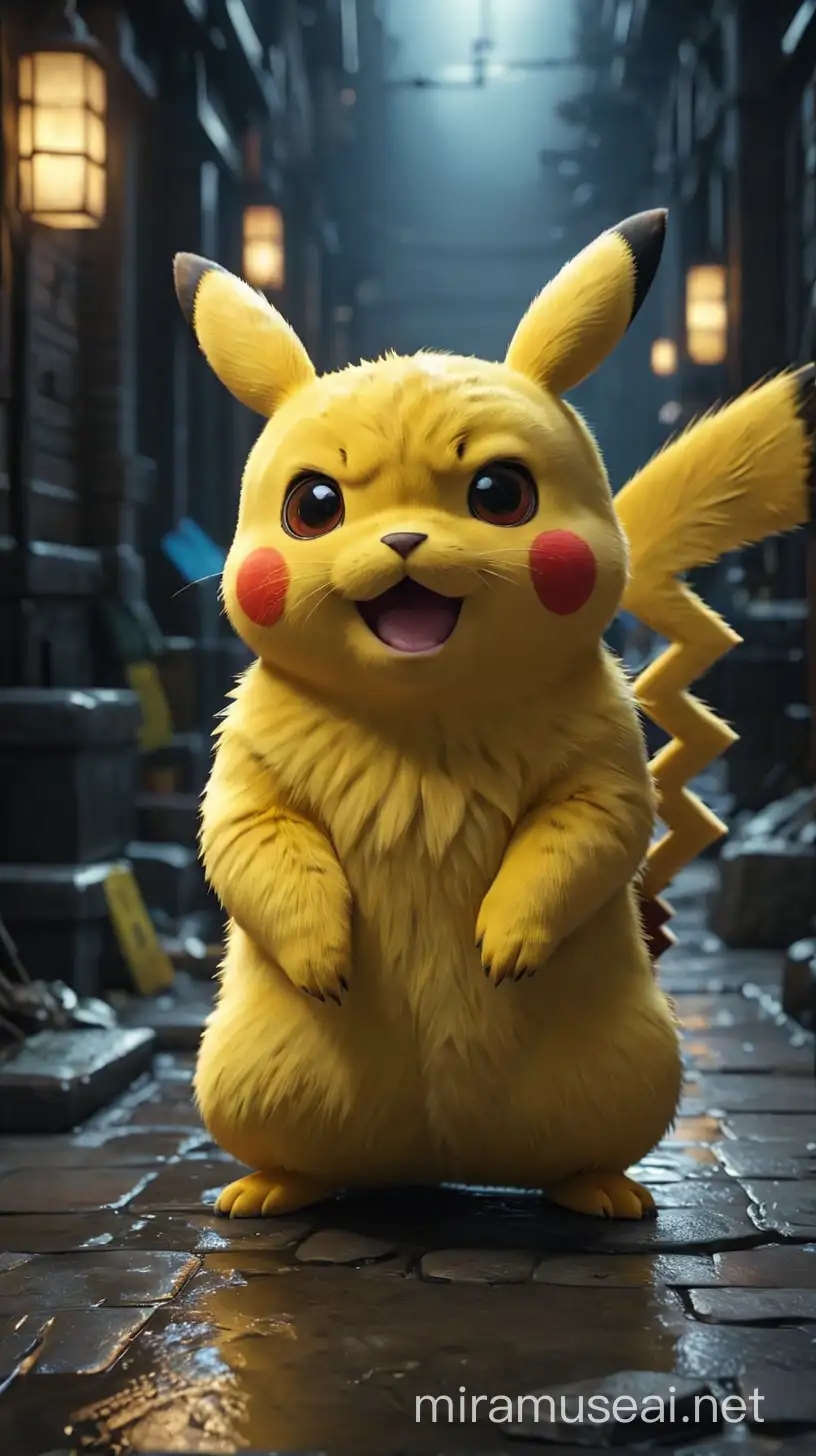 Pikachu in a Dark Electronic Environment Cinematic and Photo Realistic HDR Image