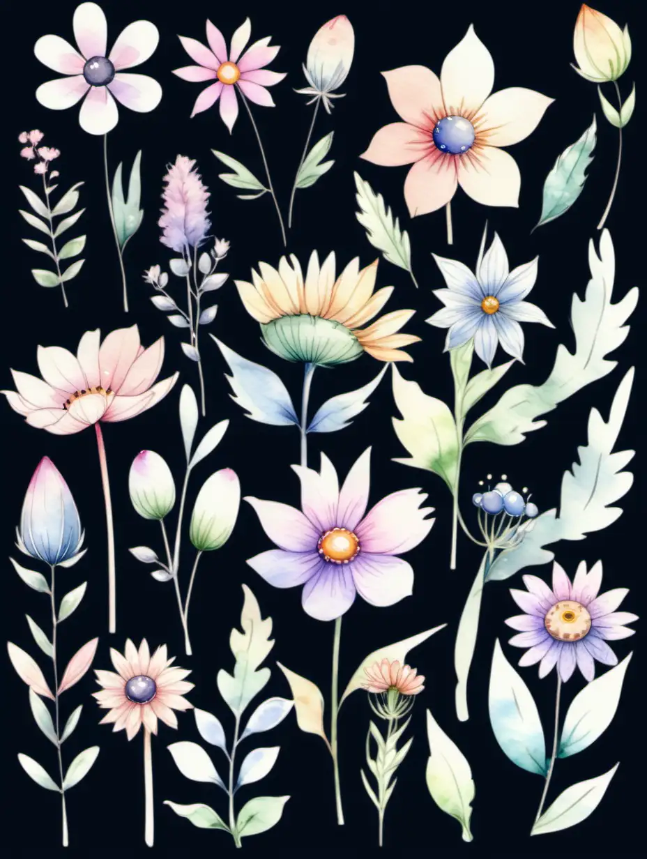 fairytale,whimsical,
pastel,watercolor wildflowers clipart, white 
background 