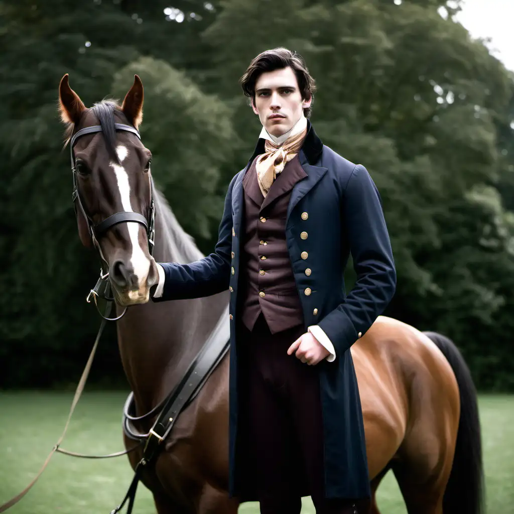 Upper class young man early twenties dark brown hair and a strong jaw line wearing an 1816 frock coat. Standing with his horse.