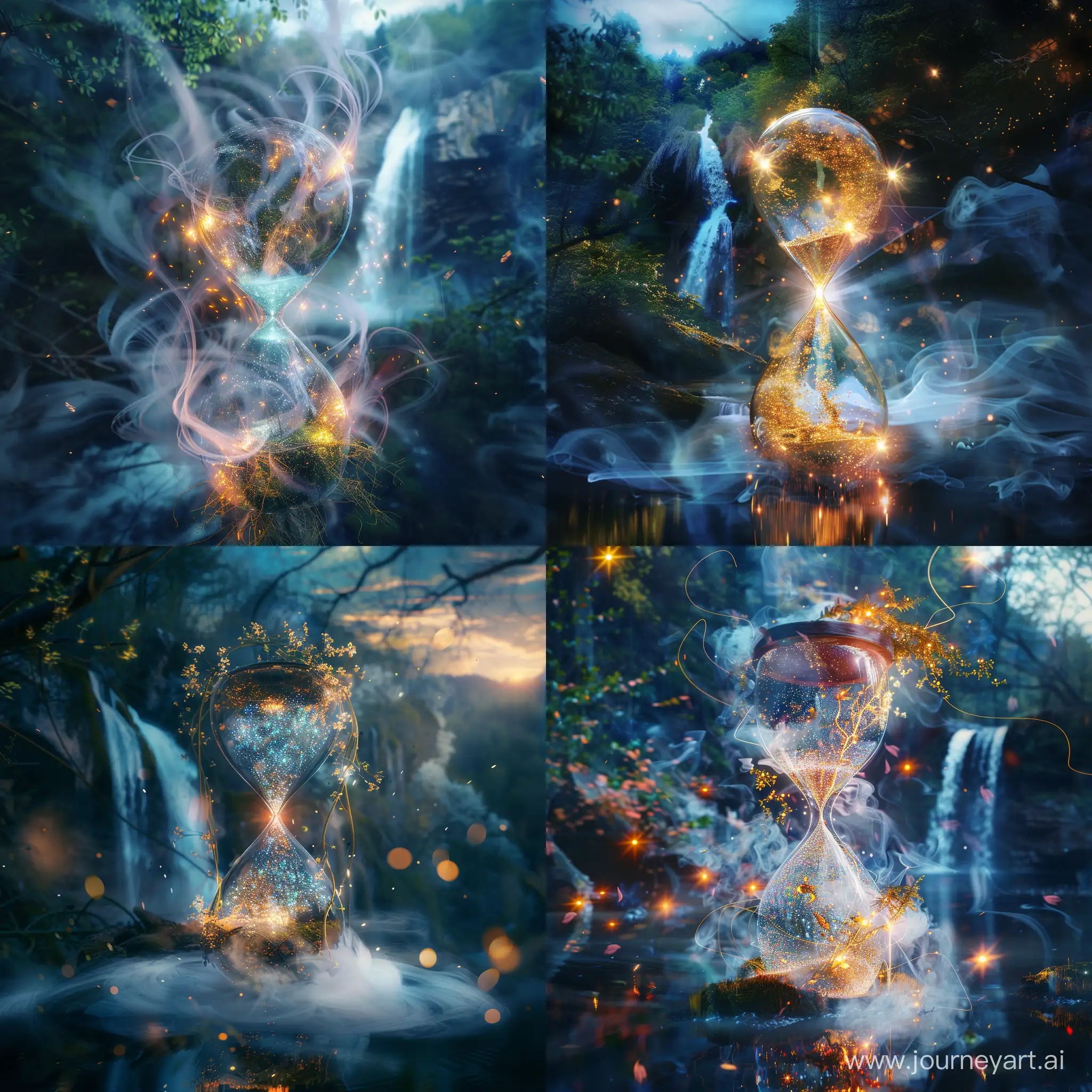 Insane depth, bioluminescent hourglass; double exposure, filled with a glimpse of spring tasseled in sparkles, high quality CGI VFX, tonal contrast, glowing translucency, rutilant highlights, HDR, surrounded by soft wispy smoke tendrils, traditional energy, background of spring forest and waterfall