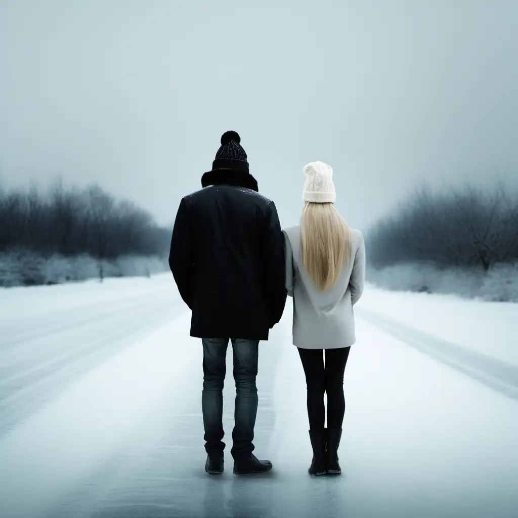 Man with winter hat, woman with blonde hair, away with black ice, from behind, emotions