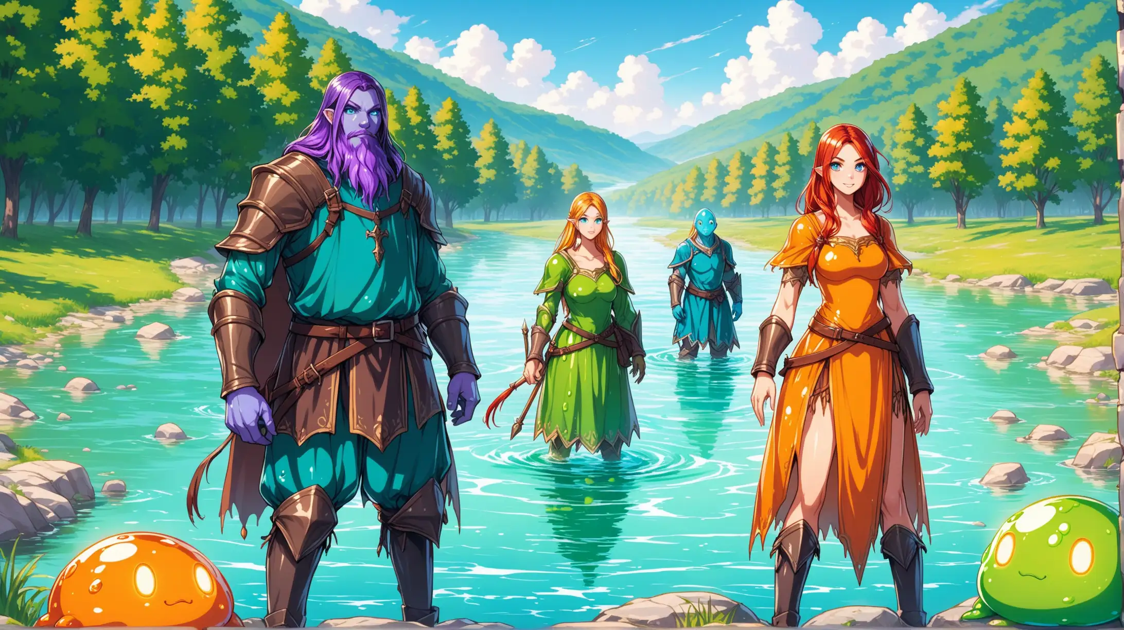 group of male and female slimefolk, shiny eyes, purple blue orange green yellow red, river, day, Medieval fantasy