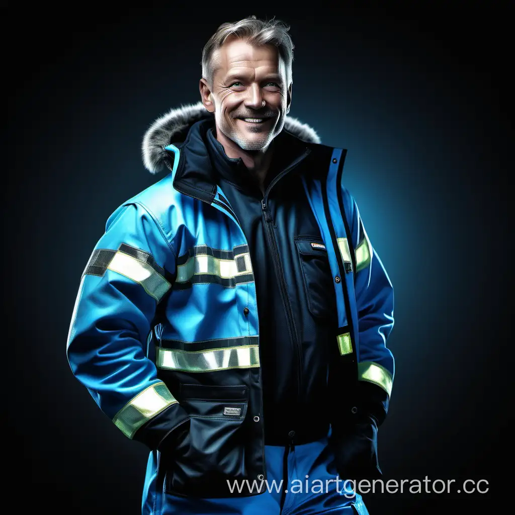 strong 30 years nordic man, smile, full length, half-profile view, wearing beautiful highly insulated black and luminescent blue workwear, 
 cinematic, beautiful, elegant, atmospheric，RAW Photo, dynamic composition, G-Master Lens, Photorealistic, Hyperrealistic, Hyperdetailed, natural light, soft lighting, masterpiece, best quality, ultra realistic, 8k, Intricate, High Detail in julie bell style