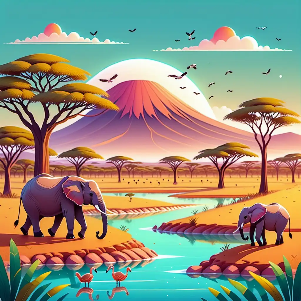 Illustration, kawaii style, landschaft Kenia mit ein paar tieren 