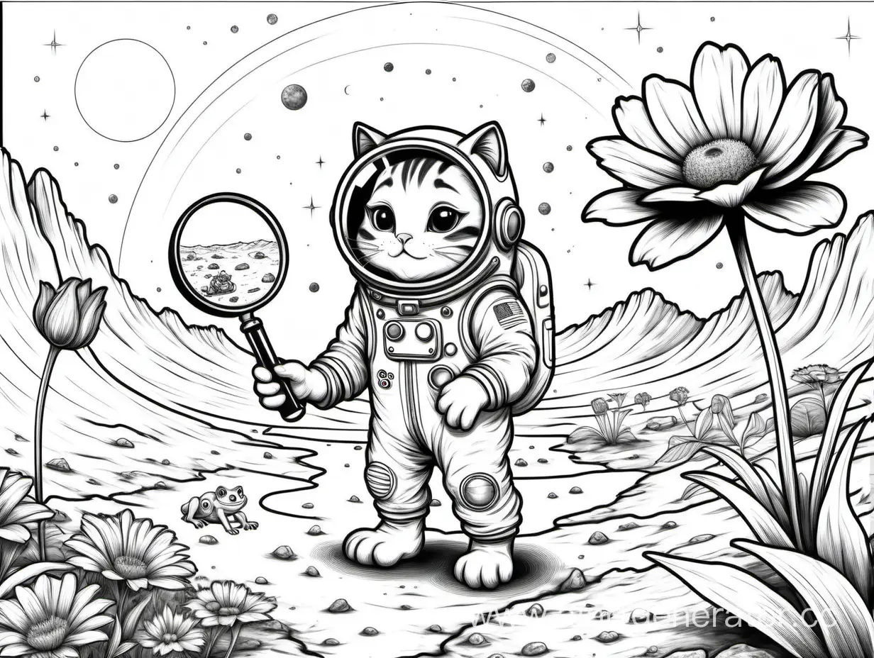 Контурний малюнок для розмальовки антистрес кіт пухнастий в скафандрі через лупу розглядає квітку на Марсі. На це здивовано дивиться жаба в скафандрі 