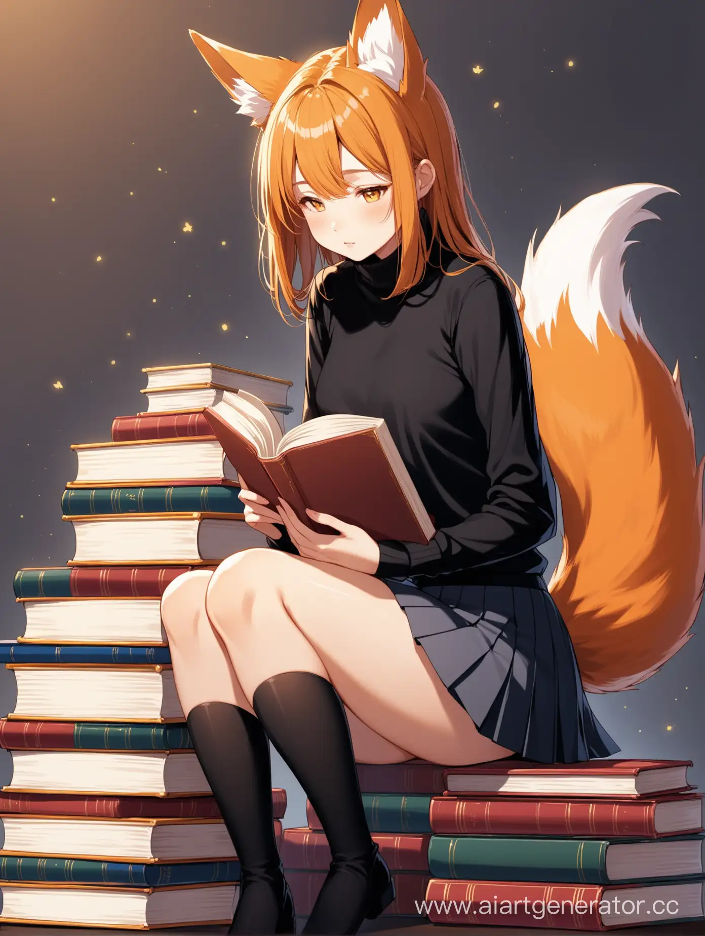 Девушка с ушами лисы и хвостом лисы сидит на стопке книг. Ноги немного согнуты в коленях, она читает книгу взгляд направлен в книгу. Короткая юбка со складками и черная водолазка.