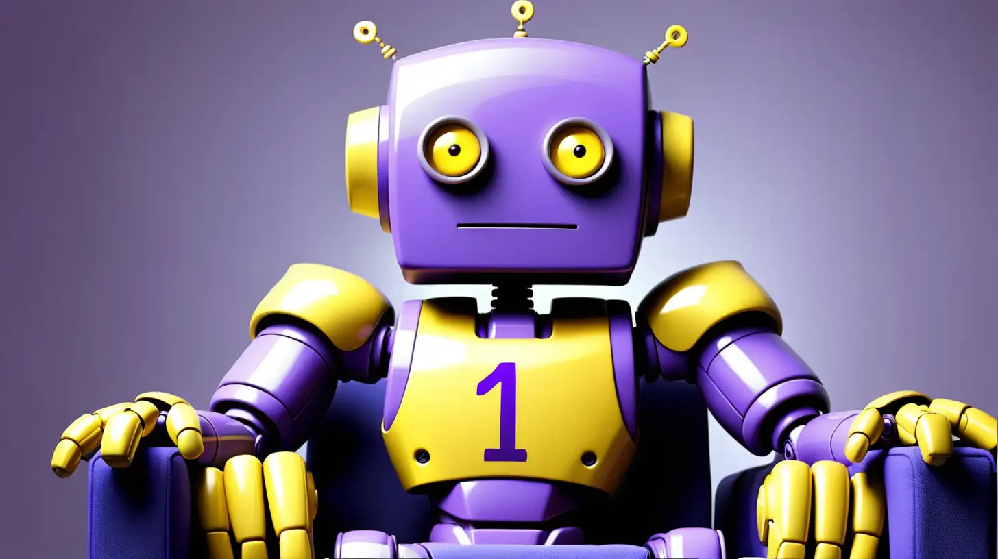 Contemplative Purple and Yellow Robot Sitting on Chair with Numerical Reflection