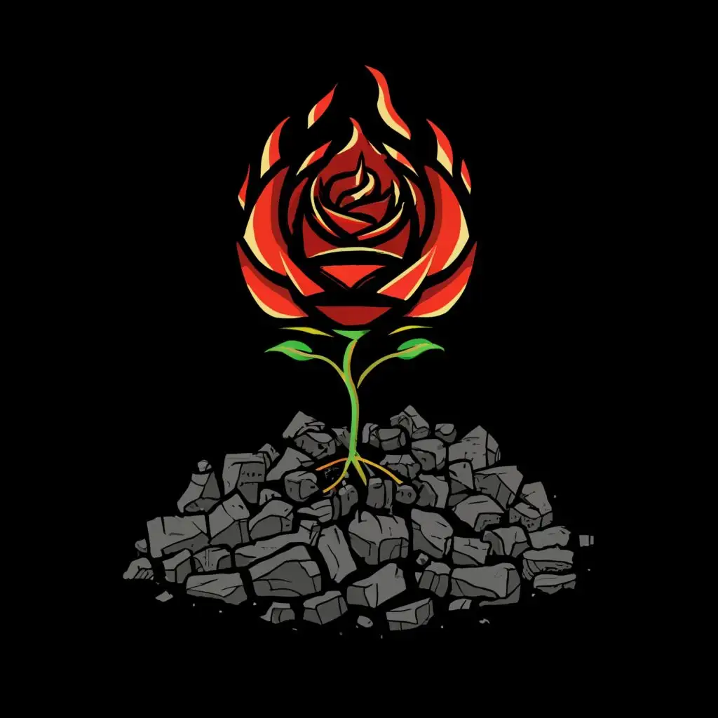 logo, The author's style "Paradoxical reality of optimal minimum of boundless possibilities" in the field of luminescent technology design for the image "CRIMEAN ROSE in the form of a character of a abstract fairytale boiler stoker on chicken legs, a pile of coal on the right side, firewood on the left side, image without text, background white color", with the text "___", typography