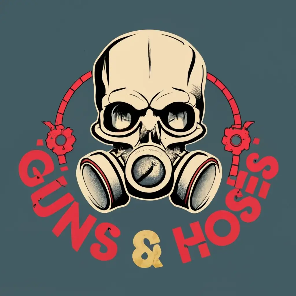 logo, Skull Gas Mask, with the text "Guns & Hoses", typography