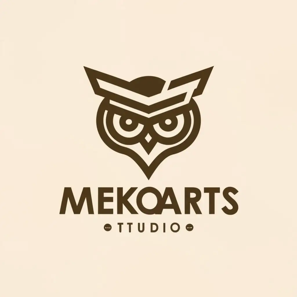 a logo design,with the text "mekoarts studio", main symbol:owl wearing helmet,Minimalistic,clear background