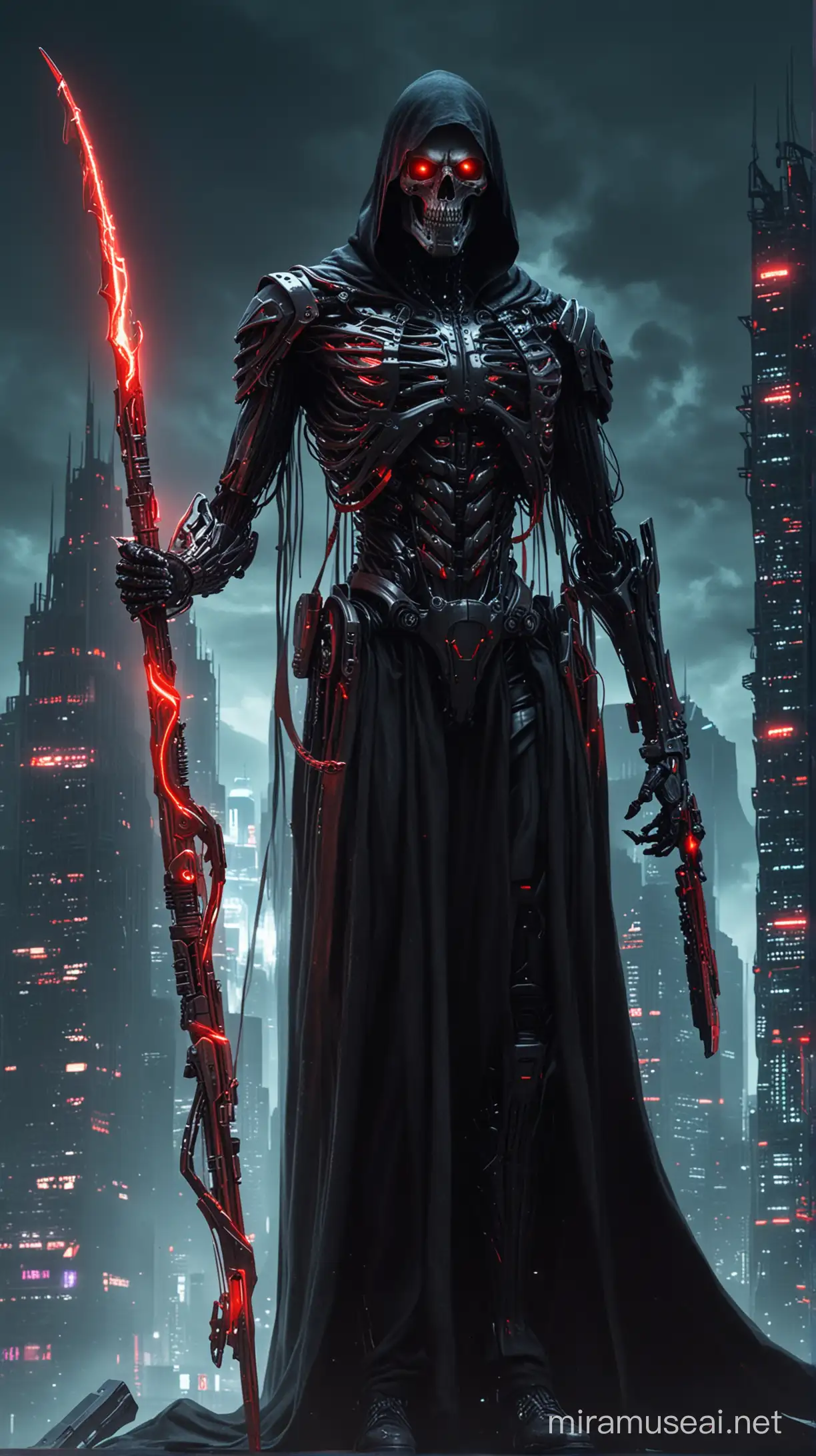 A cybernetically enhanced grim reaper with glowing red cybernetic implants, holding a sleek futuristic laser scythe, standing on a decaying skyscraper overlooking a sprawling, neon-lit dystopian cityscape at night. The dark lighting accentuates the shadows and highlights the ominous aura surrounding the figure.