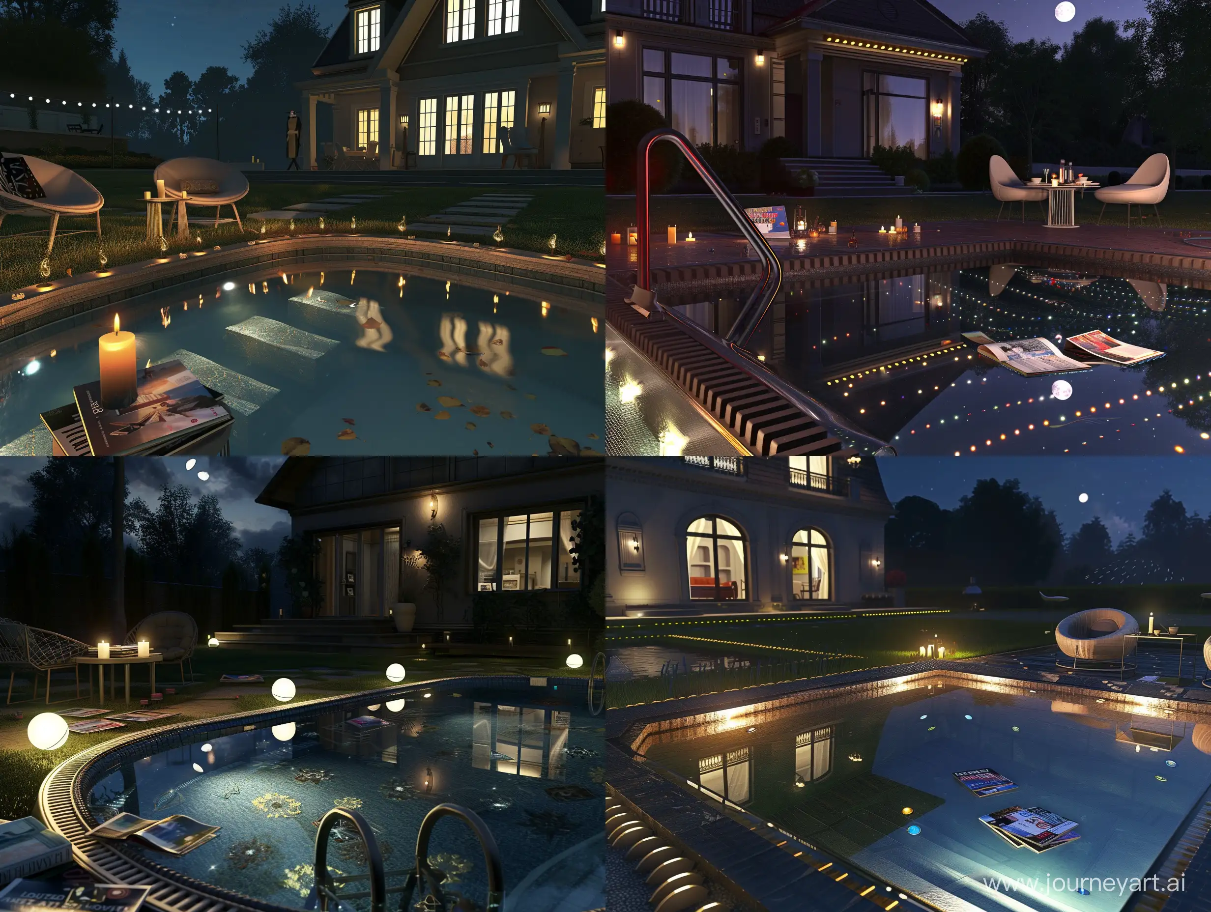 beautiful american large house at night. a backyard a small swimming pool, with beautiful edging, small rungs, desighned lights reflecting in the transparent water. near is a little table with magazines and candles. there are two design chairs near the table. 8 to ultrarealism, unreal engine, clear objects, beautiful nihgt skies with moon, good compose