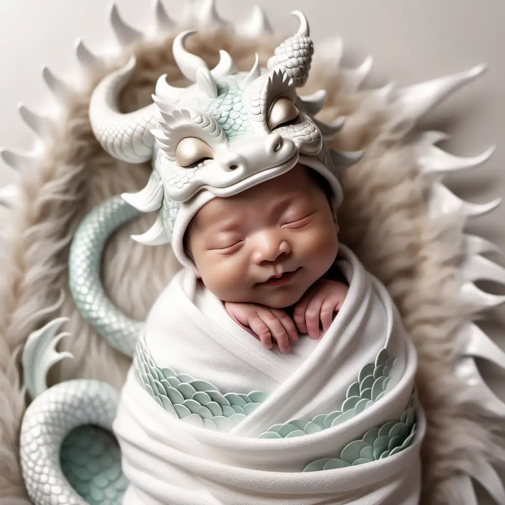 cute chinese dragon closed eyes smiling wrapped newborn baby with asian fantasy chinese dragon background in white colour and clean neutral soft colours