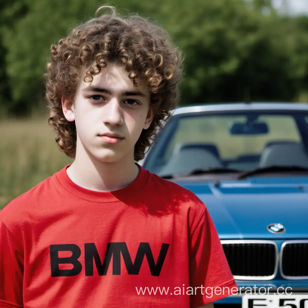 шестнадцати летний подросток, в красной футболке, кудрявые волосы, бмв е30 на фоне