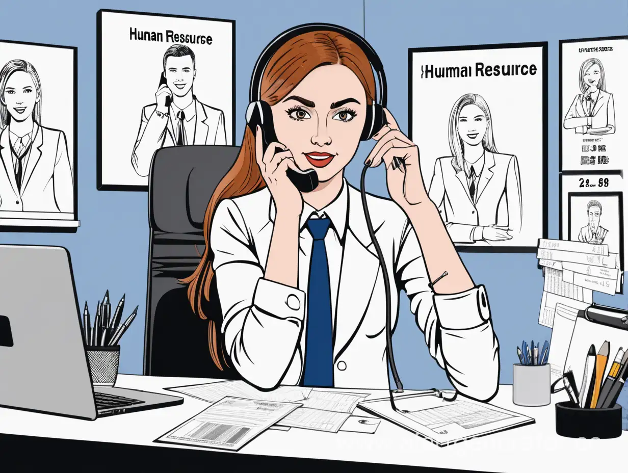 менеджер девушка продает по телефону в офисе услуги кадровой рекламы. нарисуй кадровую рекламу у менеджера за спиной на стенде