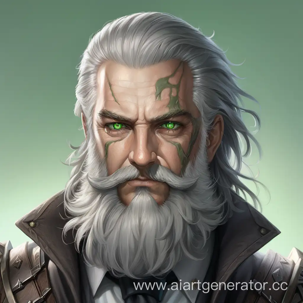 Мужчина с седой бородой и волосами, с шрамом на правом глазе, с зелёными глазами, в полный рост