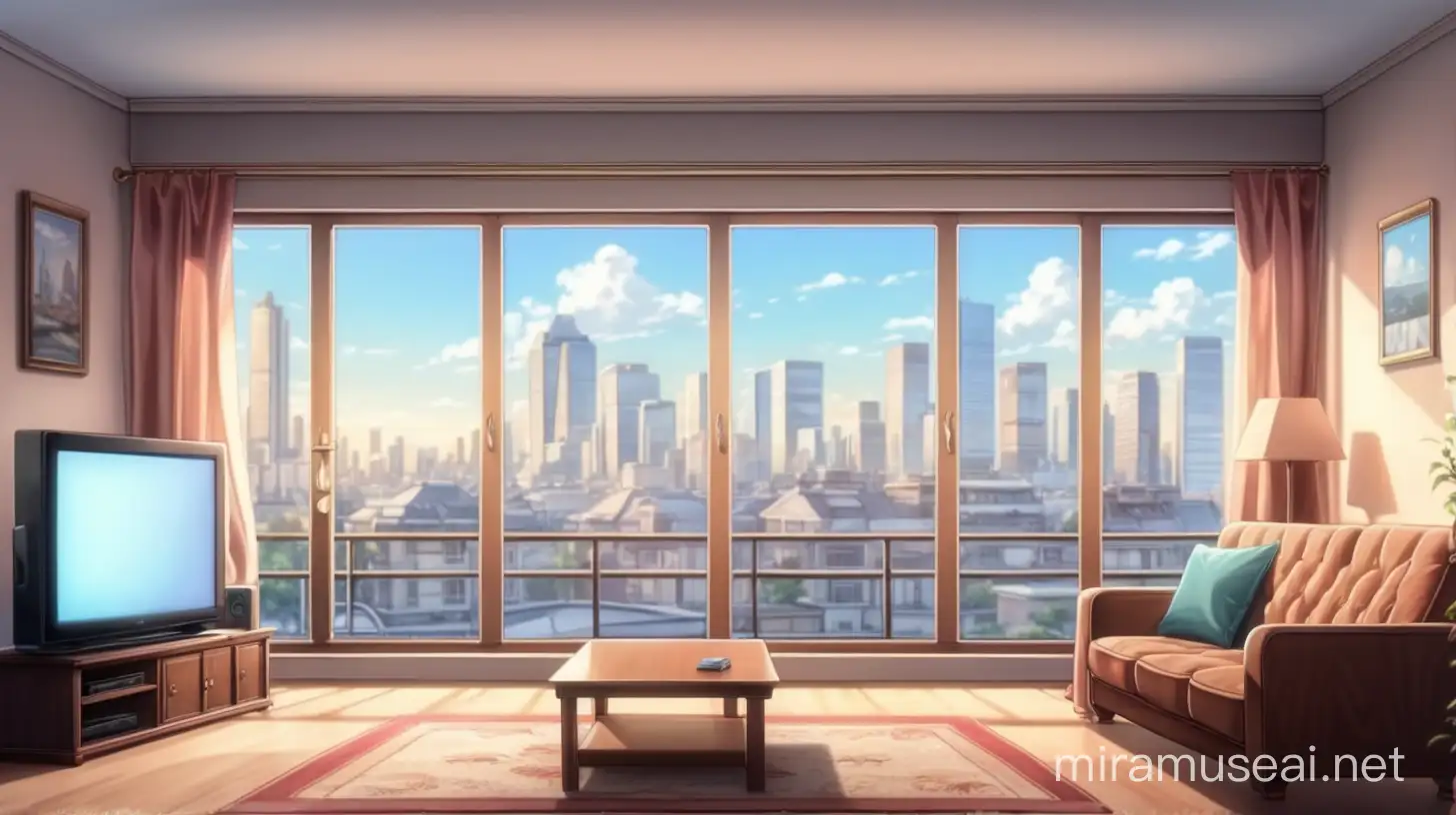 anime empty living room with sofa and TV in front of the sofa, background, daytime, 4K resolution, cityscape outside the window, background for a visual novel