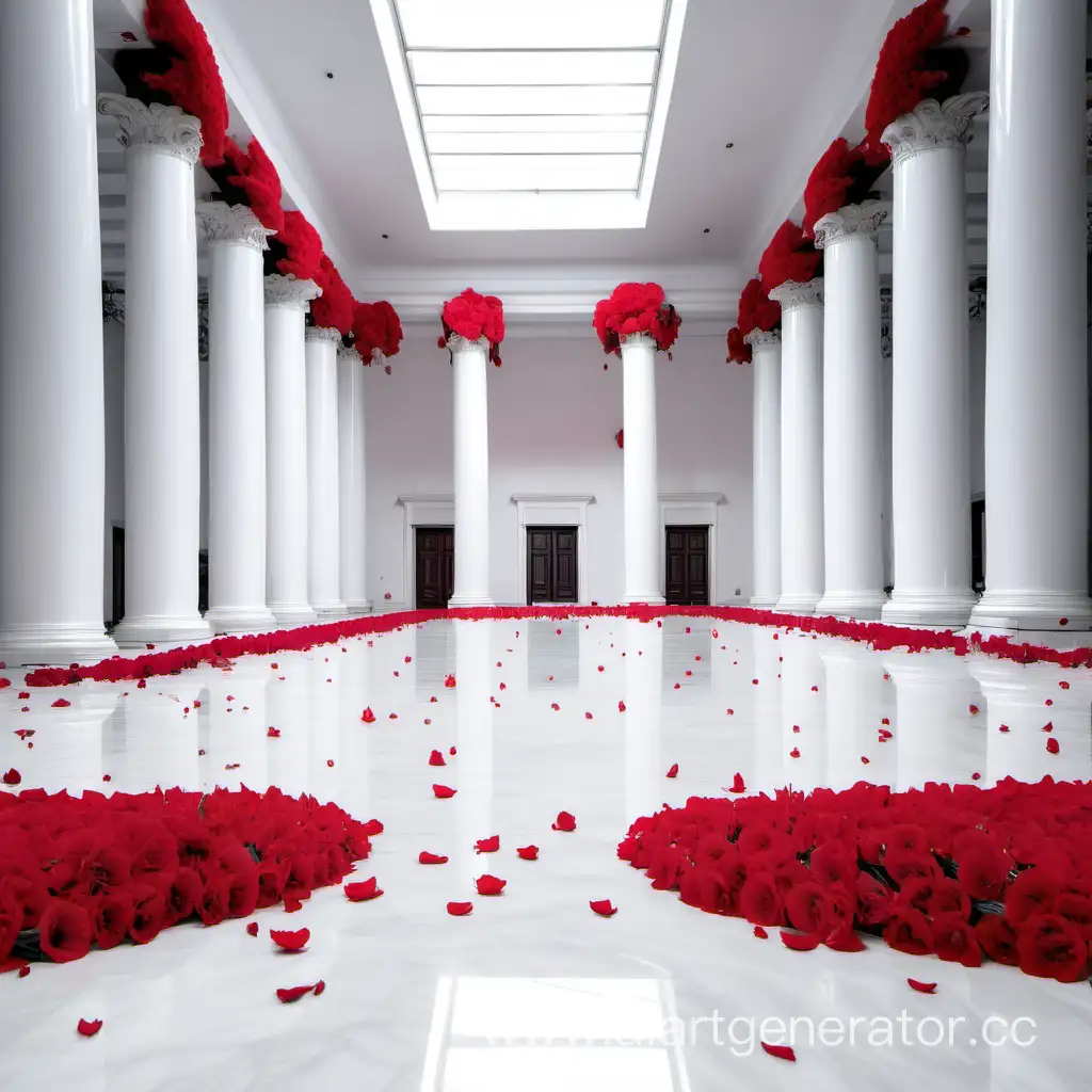 Огромный зал белого цвета с колоннами, пол которого усеян красными цветами