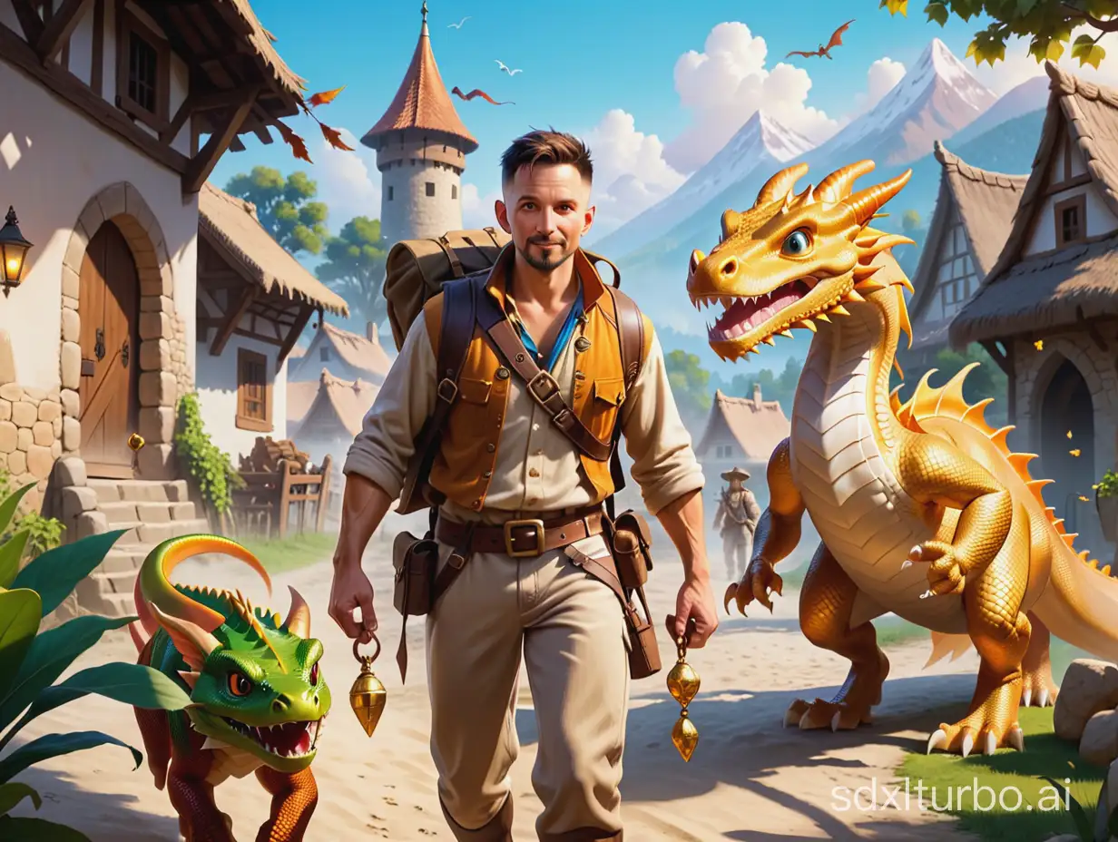 Adult explorer with a treasure in his hands and a small dragon companion return to the village