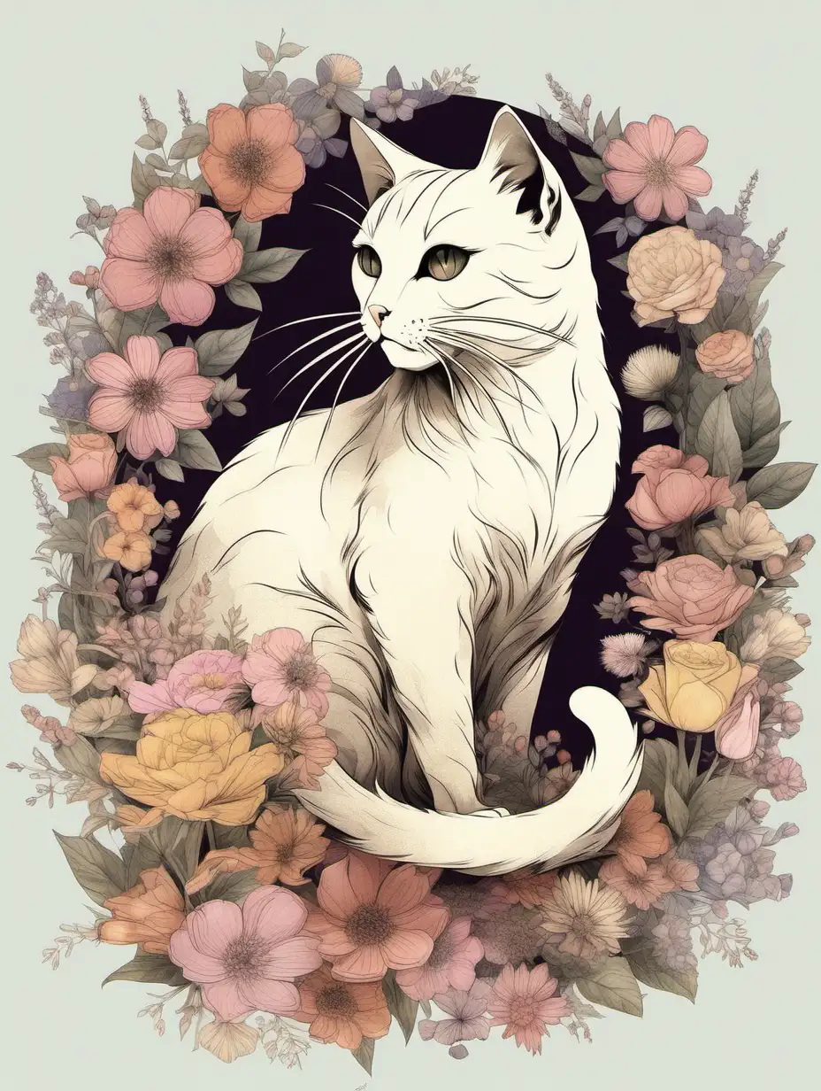 Realistic Illustrated Flowers Filling Cat Silhouette in Muted Colors with Whiskers