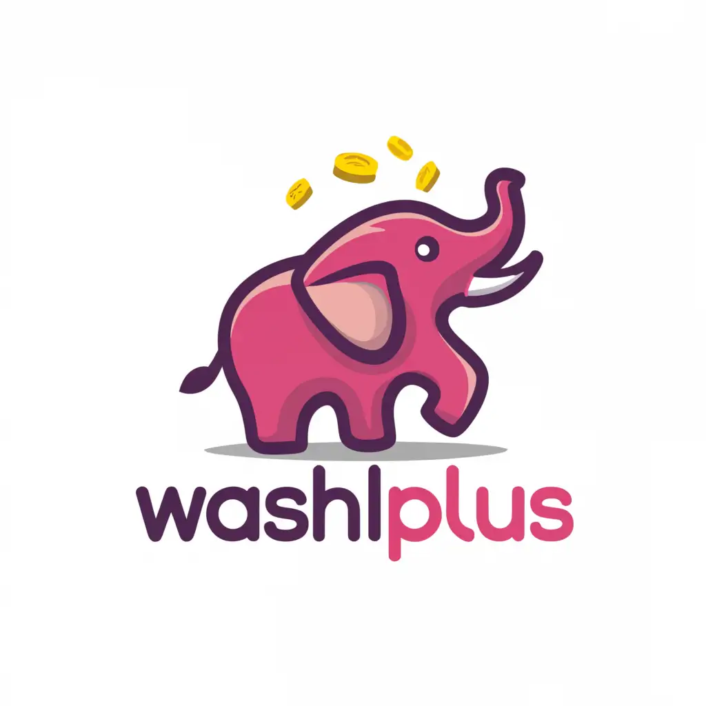 a logo design,with the text "washPLUS", main symbol:Cute Magenta Elephant baby blowing gold coins on the back,Minimalistic,be used in Retail industry,clear background