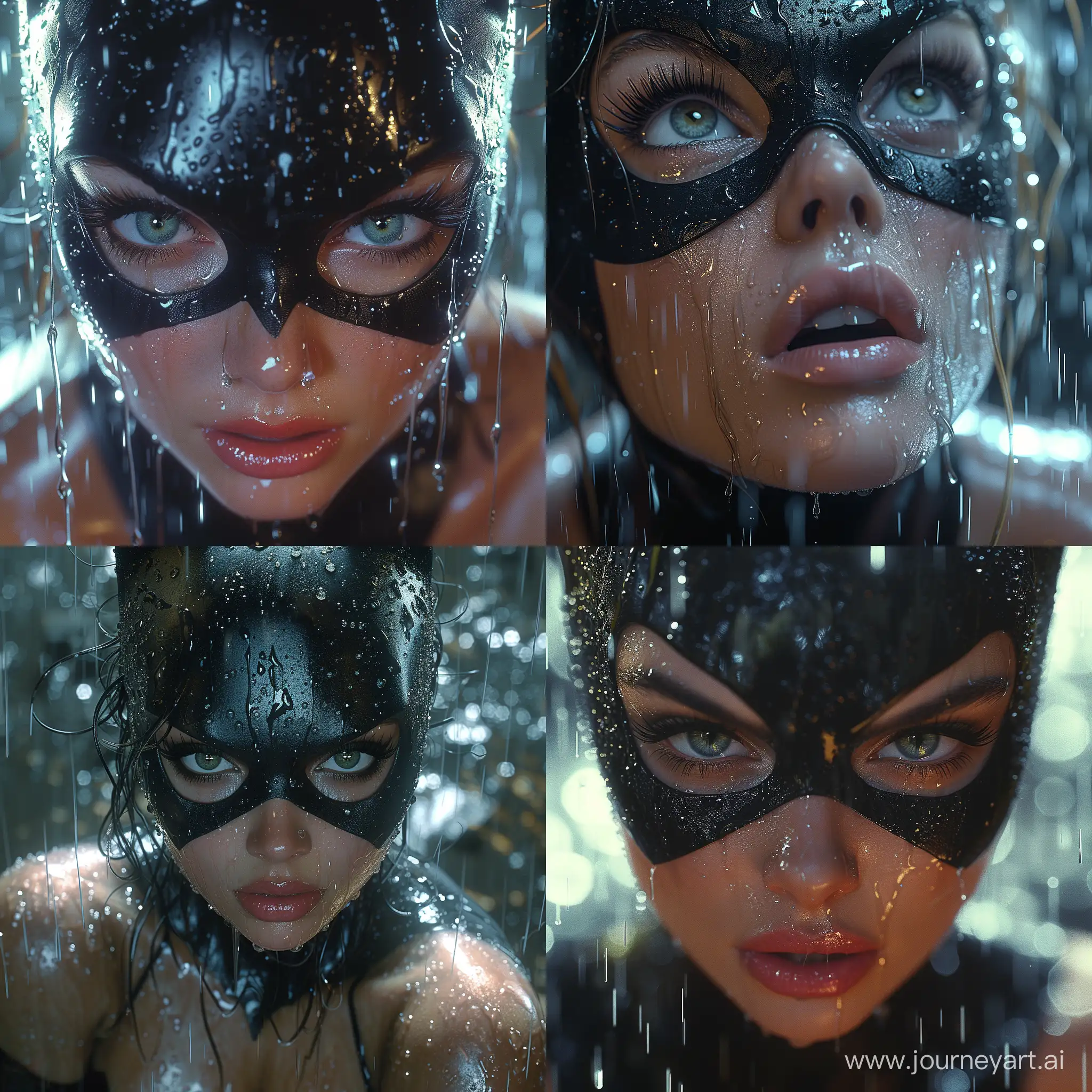 A close up depth of field, gotham city dynamic, realistic image of catwoman in the rain --stylize 750 --v 6