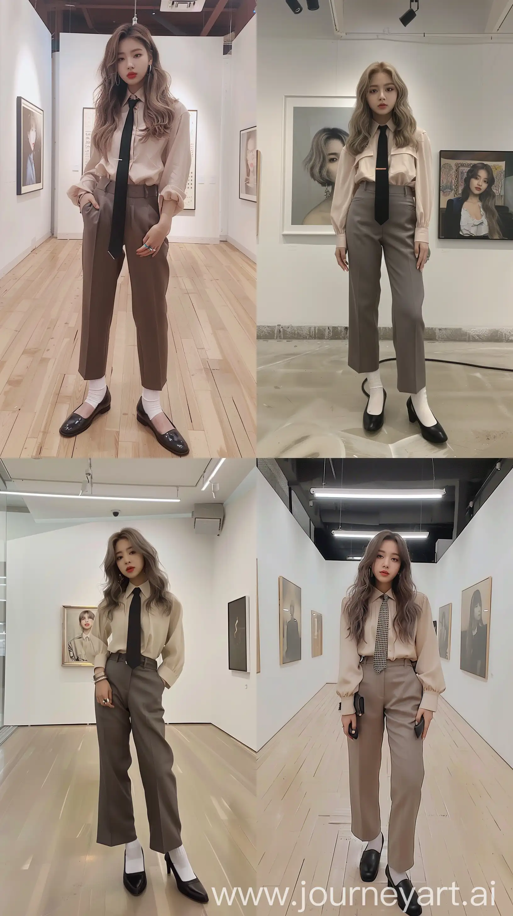 a selfie blackpink's jennie, medium wavy wolfcut hair, tie, wearing simple blouse and suit pants, black flat loafers shoes, white socks, standing in art gallery --ar 9:16