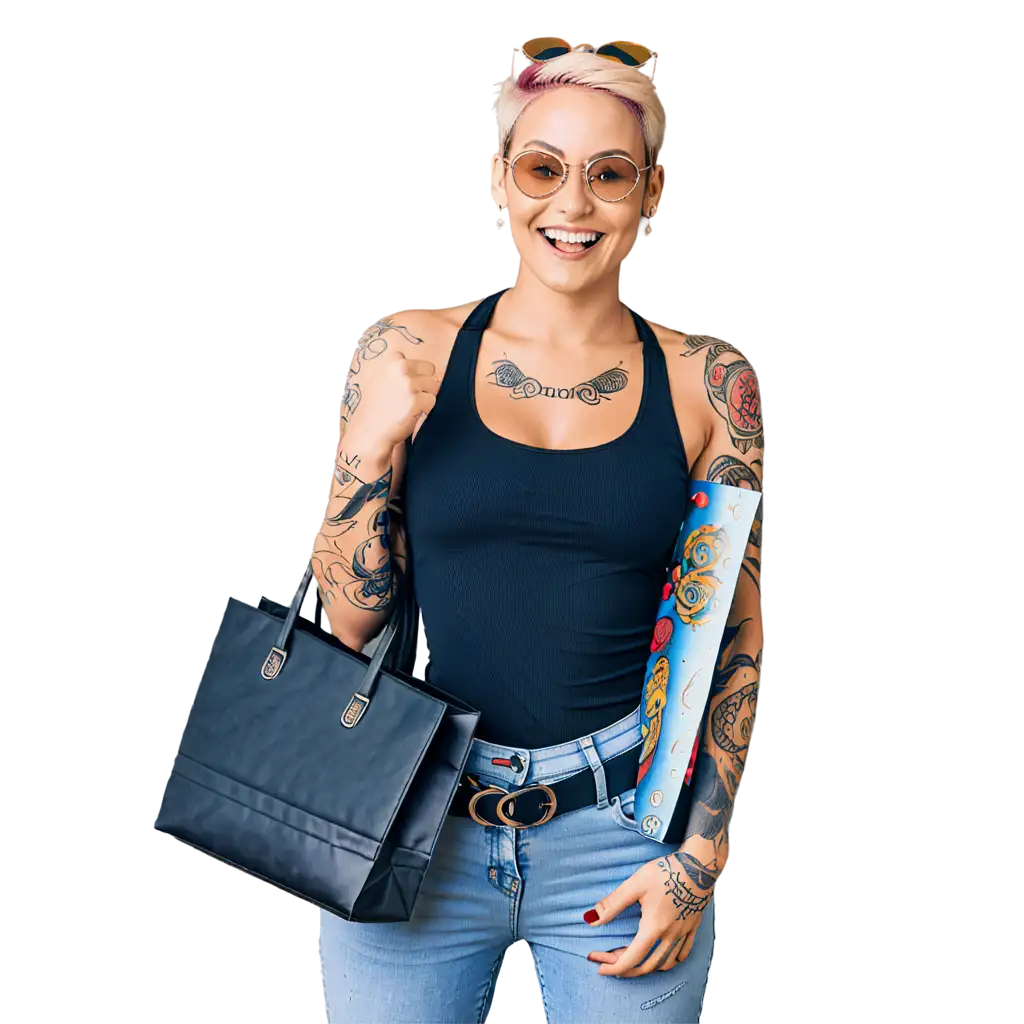 A young lady in a retro-style attire, sporting a smile, HEAVY JEWELLERY, adorned with tattoos, showcasing her jeans with a tongue protruding out, adorning a black singlet shirt with a design, adorning sunglasses, and carrying a shopping bag.
