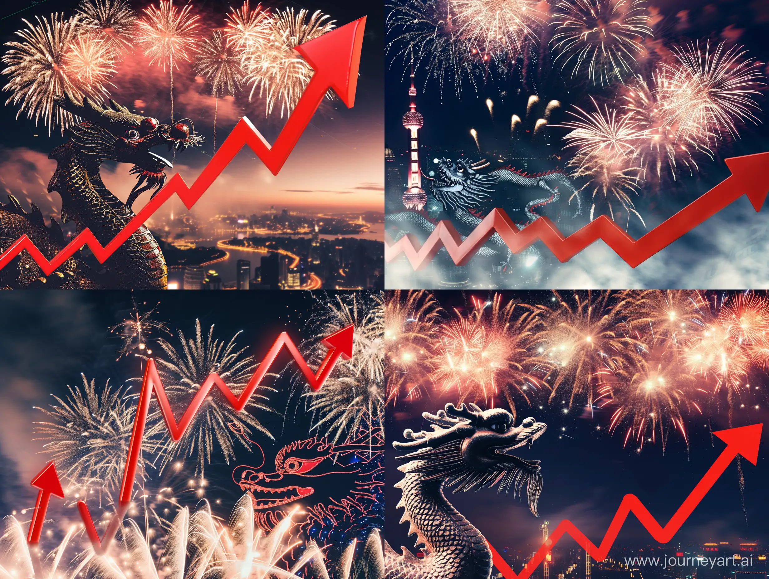 Fireworks, Chinese dragon, night sky background, rising stock trading chart, red upward arrow --v 6 --ar 4:3 --no 12512