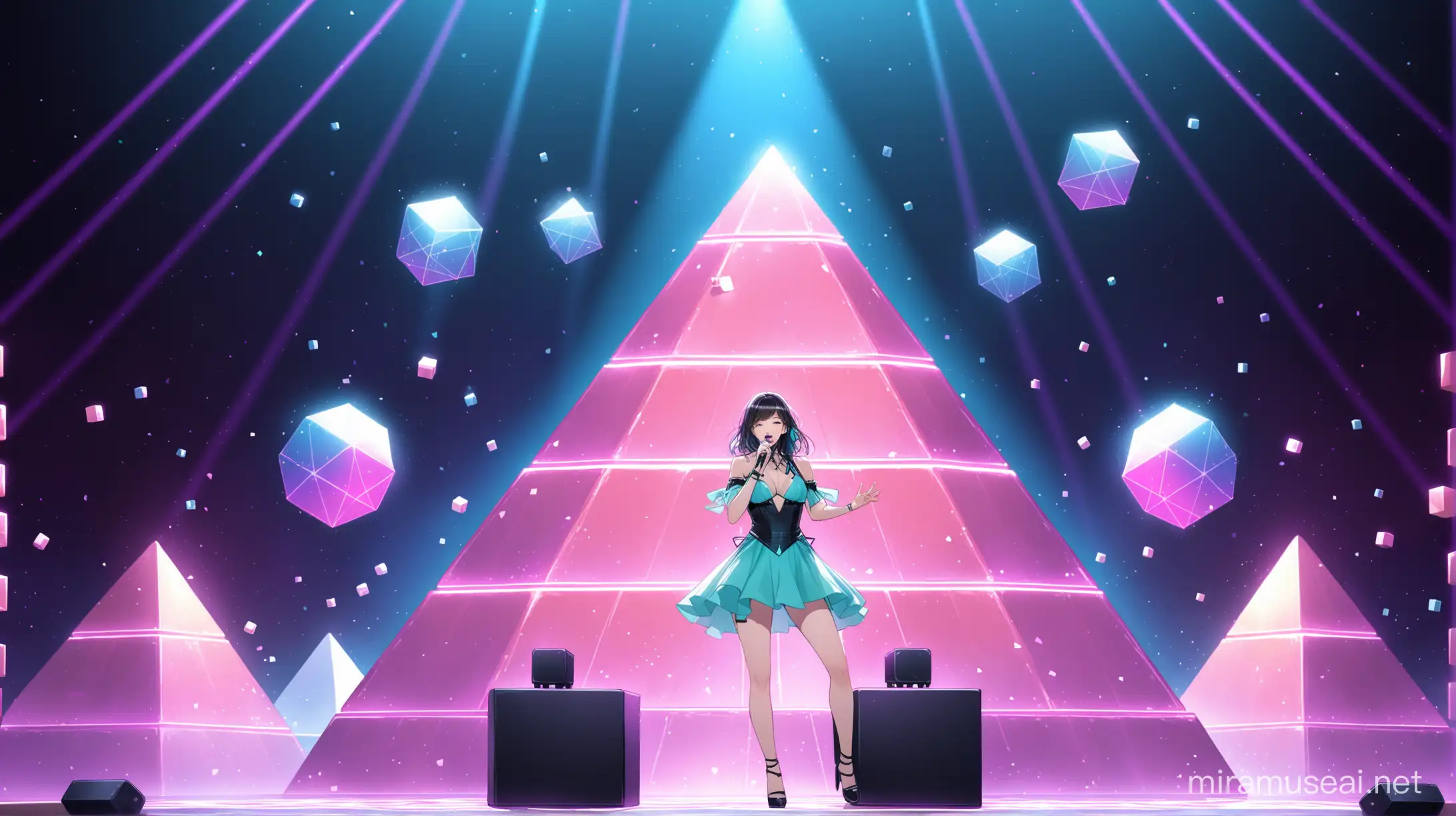 female singer on stage surrounded by pyramid, cube, cylinder, sphere, and cone