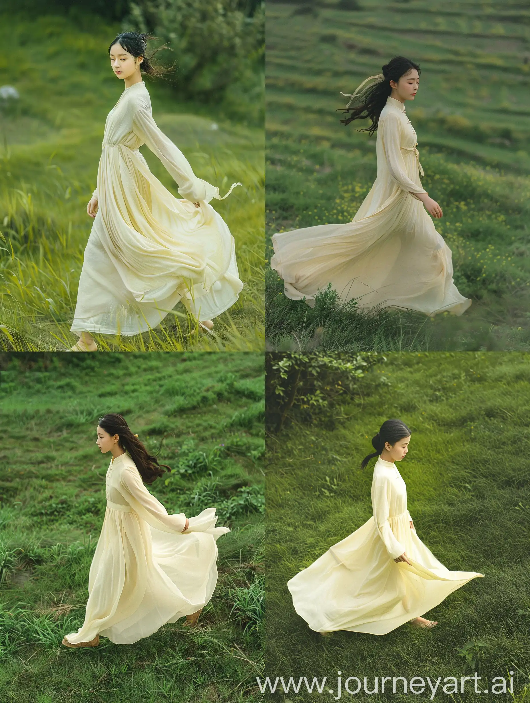 一位中国少女；穿着淡黄色长裙；走在绿色的草原上；梦幻般；高清拍摄；佳能EOS R50;高分辨率