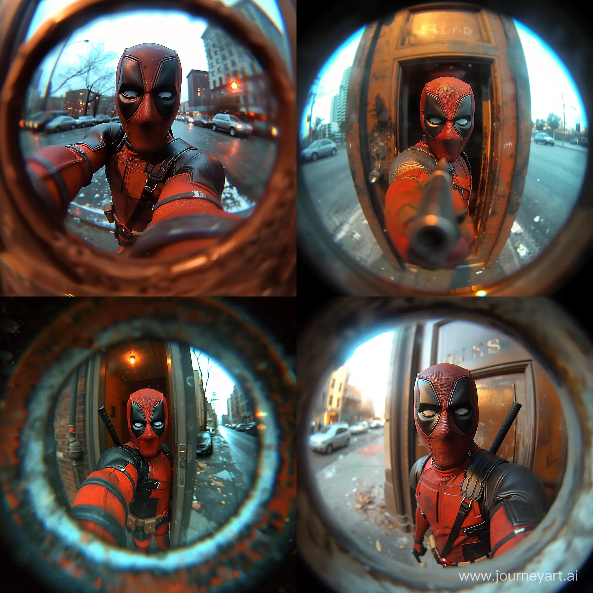 Magic eye short of Deadpool, he is being seen through the peephole of a door, he aim a gun to the peephole of a door, american city street background, take with GoPro HERO9 Black camera with GoPro Super Suit Dive Housing. --sref https://s.mj.run/PWoUeoFu2Qk --stylize 750 
