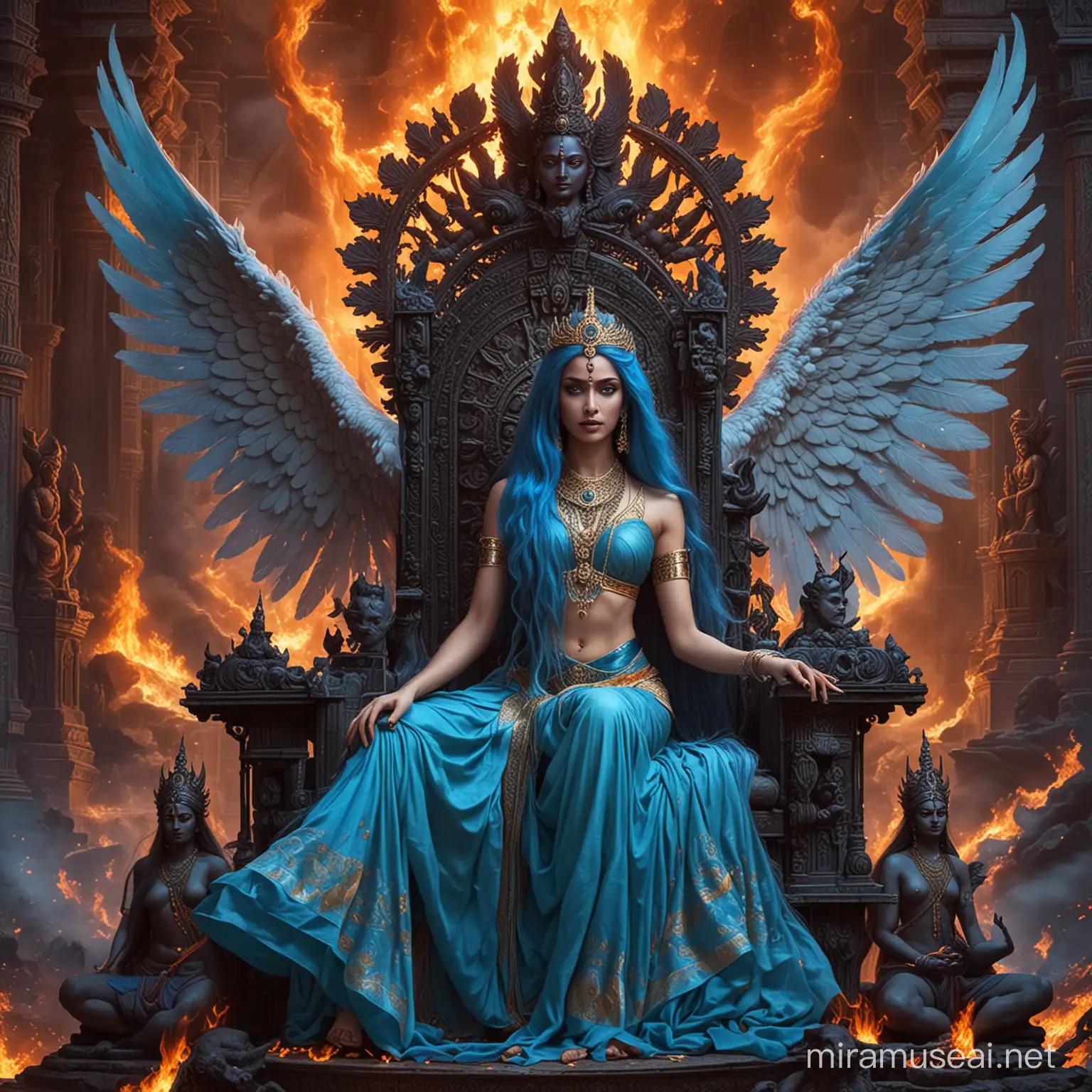 Diosa emperatriz hermosa de cabellos azules largos y ojos azules  con muchas alas grandes largas vestida como Diosa emperatriz hindu sentada en un trono majestuoso  rodeada de fuego y poder y rodeada de diosas hindus demoníacas y un valle tenebroso y un palacio hindu tenebroso 