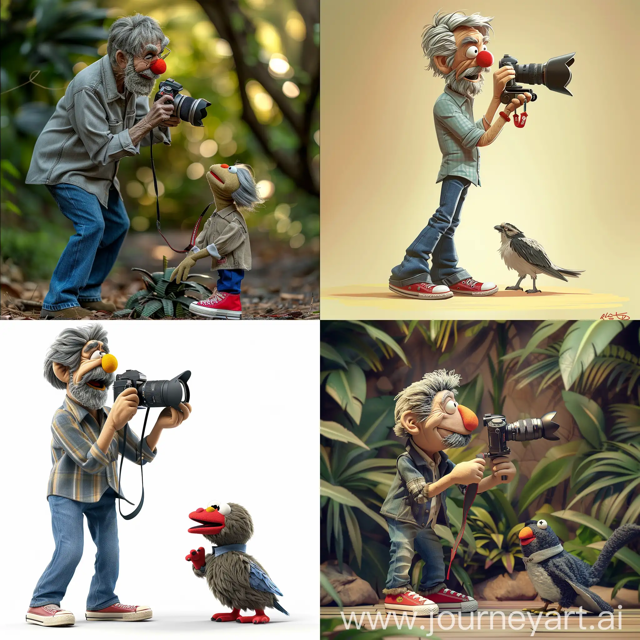 In the style of Jim Henson muppets from Sesame Street; Muppets. An older man, roundish face, grey shortish hair, grey goatee facial hair, collared shirt button down, blue jeans, red converse all stars. He is holding a fancy camera with a long lense taking a picture of a cool bird.