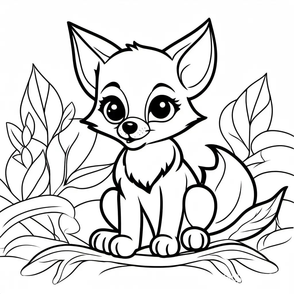 cute baby fox, Coloring Page, black and white, line art, white background, Simplicity, Ample White Space. The background of the coloring page is plain white to make it easy for young children to color within the lines. The outlines of all the subjects are easy to distinguish, making it simple for kids to color without too much difficulty