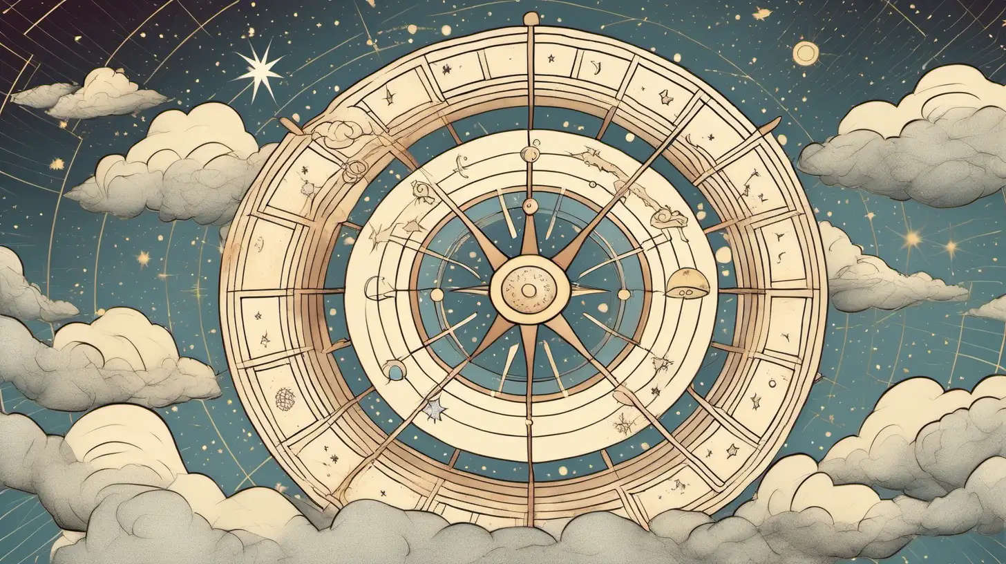 Draw An astrological wheel with
clouds  flying around it. Loose lines. Muted color, add a banner