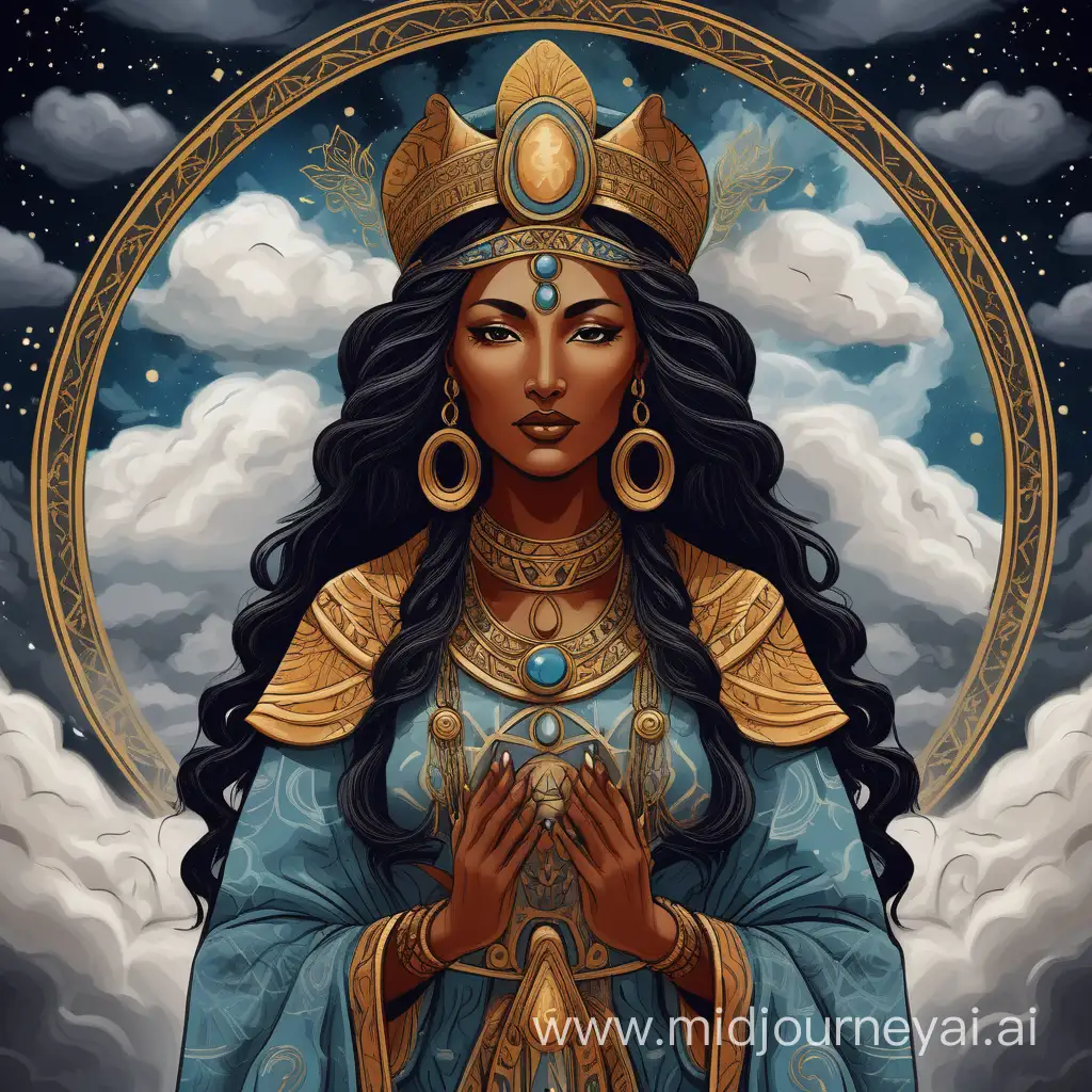 ethnic high priestess goddess imperial background tarot card with mysterious clouds in the background