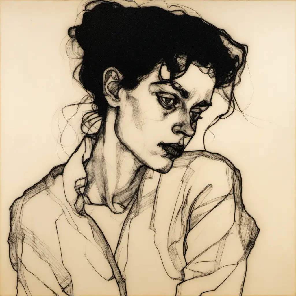 Egon Schiele Inspired Drawing of a DarkHaired Woman