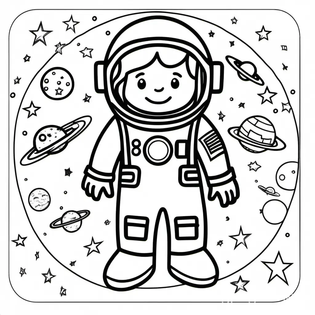 Generate a straightforward and child-friendly coloring page for young children (aged 4-8) to learn that "A" is for "Astronaut." Design a large and clear letter "A" with a simple yet recognizable design. Alongside the letter "A," include a friendly astronaut illustration that is easy for children to color. Ensure that both the letter "A" and the astronaut illustration are suitable for young children to color within the lines. Encourage creativity by allowing kids to color both elements of the page. The coloring page should be engaging and educational, providing a fun introduction to the concept of astronauts and the letter "A.", Coloring Page, black and white, line art, white background, Simplicity, Ample White Space. The background of the coloring page is plain white to make it easy for young children to color within the lines. The outlines of all the subjects are easy to distinguish, making it simple for kids to color without too much difficulty