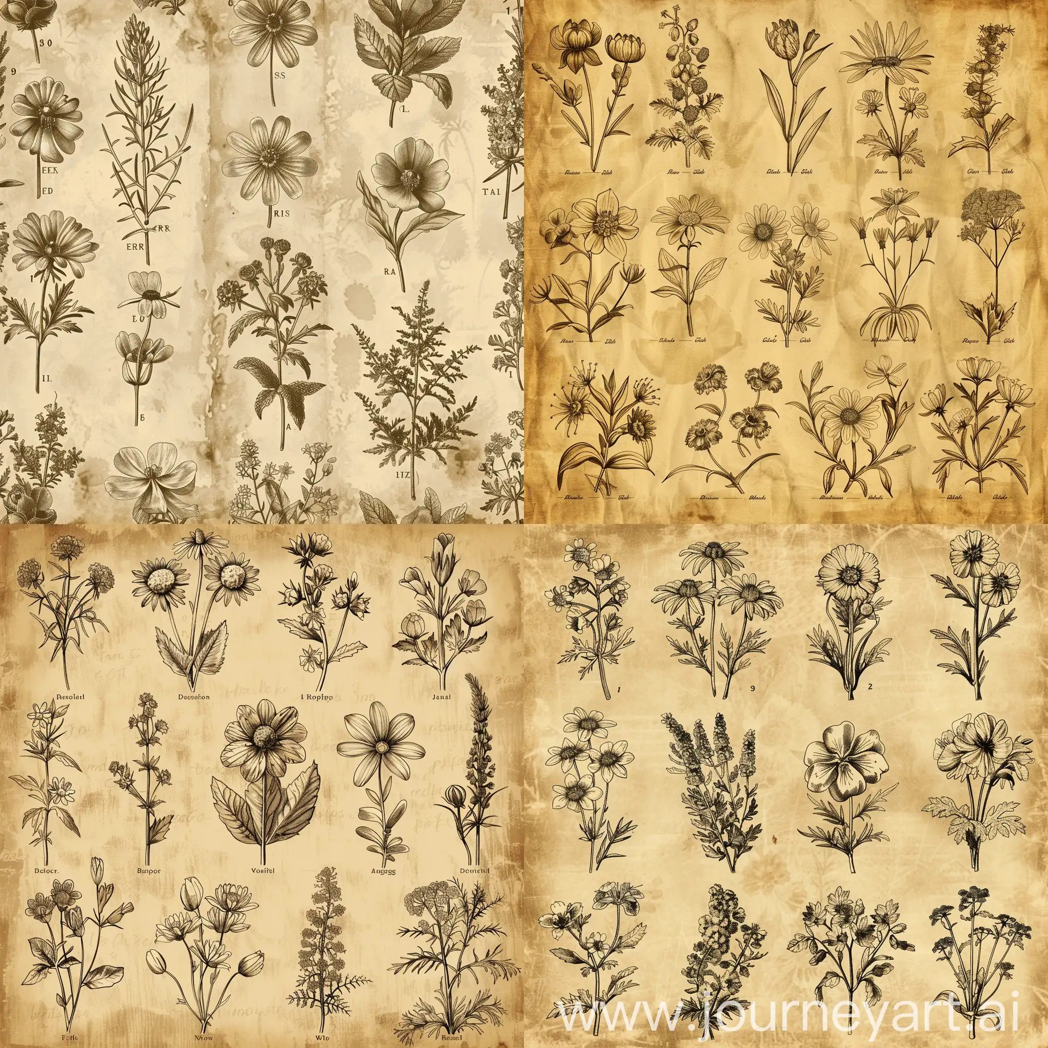 A vintage botanical illustration pattern, featuring a variety of wildflowers with scientific accuracy. Each flower is meticulously detailed, labeled with its Latin name, and set against a parchment background, evoking the feel of an old herbarium. Created Using: vintage illustration style, botanical drawing accuracy, sepia-toned background, fine line work, antique texture simulation, educational detail, artistic composition, hd quality, natural look